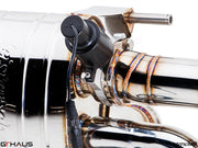 Close-up of a premium exhaust valve assembly for Audi R8 V10 models, showcasing high-quality stainless steel construction.