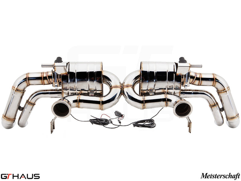 Premium exhaust system for Audi R8 Coupe/Roadster V10 models, featuring polished stainless steel construction and electronic valve control.