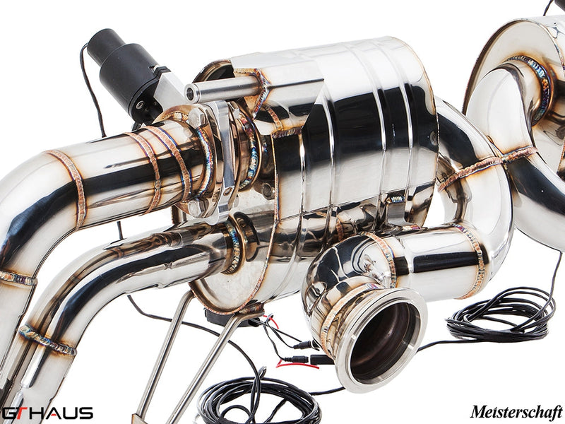Premium performance exhaust system for Audi R8 V10 models, featuring stainless steel construction and electronic valve control.