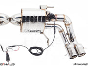 Premium exhaust system for Audi R8 Coupe/Roadster 4.2L V8 (2008-2012) featuring polished stainless steel and electronic valve control.
