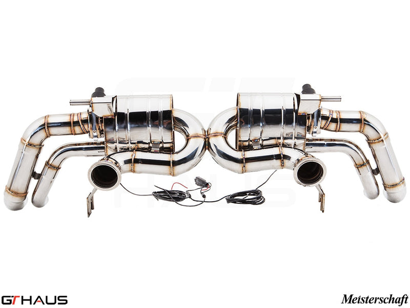 Premium exhaust system for Audi R8 Coupe/Roadster 4.2L V8, featuring polished stainless steel and electronic valve control.