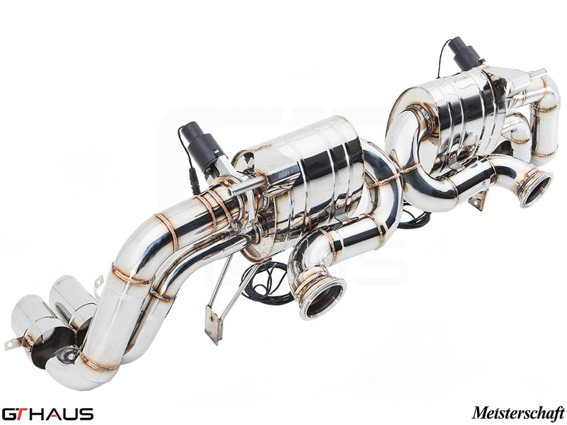 Premium Meisterschaft exhaust system for Audi R8 Coupe/Roadster 4.2L V8, featuring polished stainless steel and electronic valve control.
