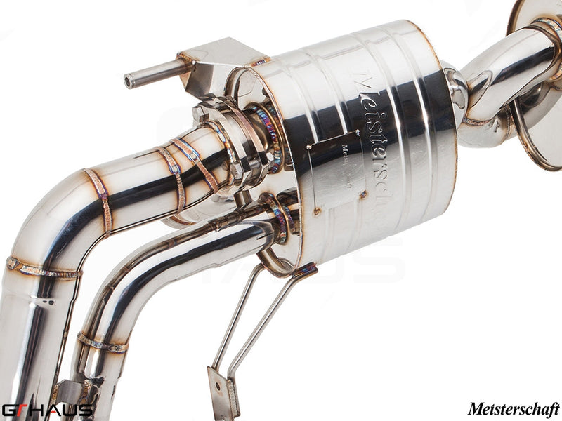 Premium Meisterschaft exhaust system for Audi R8 Coupe/Roadster 4.2L V8, showcasing high-quality stainless steel craftsmanship.
