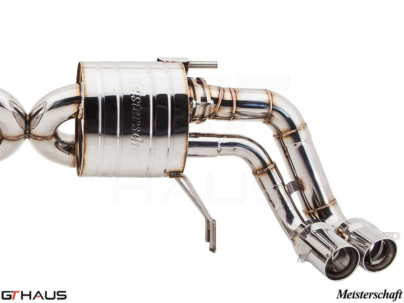 Premium Meisterschaft exhaust system for Audi R8 Coupe/Roadster 4.2L V8, featuring polished stainless steel construction.