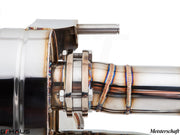 Close-up of a Meisterschaft exhaust system for Audi R8 Coupe/Roadster 4.2L V8, showcasing high-quality stainless steel craftsmanship.