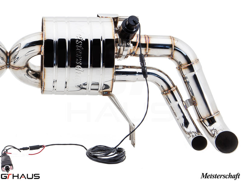 Premium Meisterschaft exhaust system for Audi R8 Coupe/Roadster 4.2L V8, featuring polished stainless steel and electronic valve control.