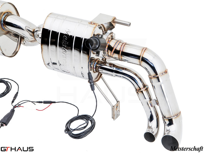 Premium Meisterschaft exhaust system for Audi R8 Coupe/Roadster 4.2L V8, featuring polished stainless steel construction and electronic valve control.