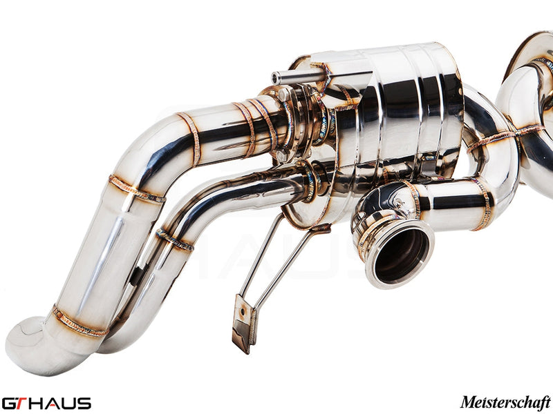 Premium stainless steel exhaust system for Audi R8 Coupe/Roadster 4.2L V8, featuring precision craftsmanship and performance design.