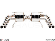 Premium exhaust system for Audi R8 Coupe/Roadster 4.2L V8, featuring polished stainless steel and electronic valve control.