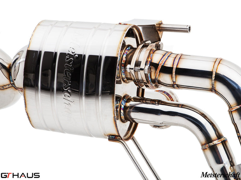 Premium Meisterschaft exhaust system for Audi R8 Coupe/Roadster 4.2L V8, showcasing high-quality stainless steel craftsmanship.