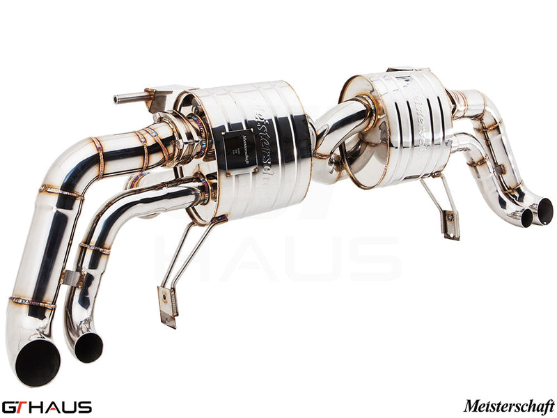 Premium Meisterschaft exhaust system for Audi R8 Coupe/Roadster 4.2L V8, featuring stainless steel construction and electronic valve control.