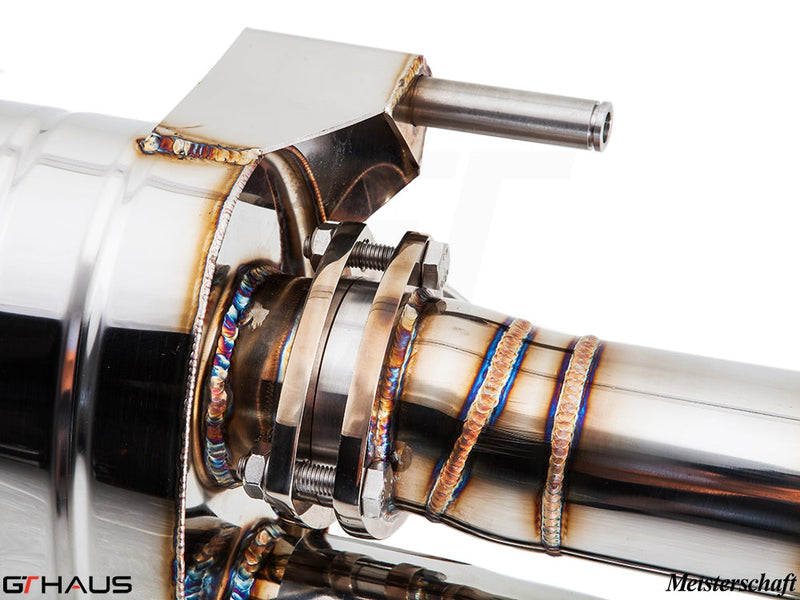 Close-up of a high-performance exhaust system component for the Audi R8 Coupe/Roadster 4.2L V8, showcasing precision welding and design.