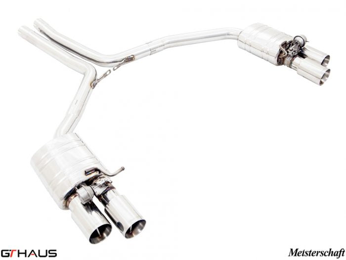 Premium performance exhaust system for Audi S5 Coupe V8 (2008-2016) featuring stainless steel construction and dual tips.