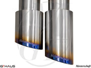 Premium Meisterschaft exhaust tips for Audi TT MK II 2.0T, featuring a polished finish and blue-tinted edges.