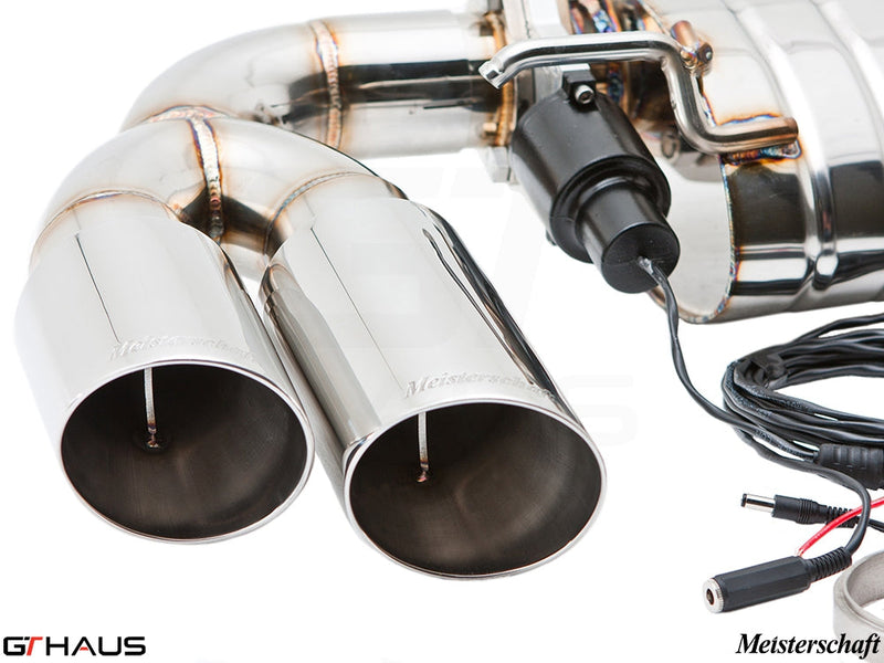 Premium Meisterschaft exhaust system for Audi TT MK II 2.0T Quattro, featuring polished dual tips and electronic valve control.