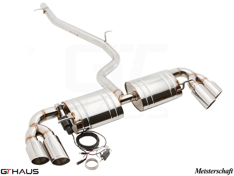 Premium performance exhaust system for Audi TT MK II 2.0T Quattro, featuring polished stainless steel and electronic valve control.
