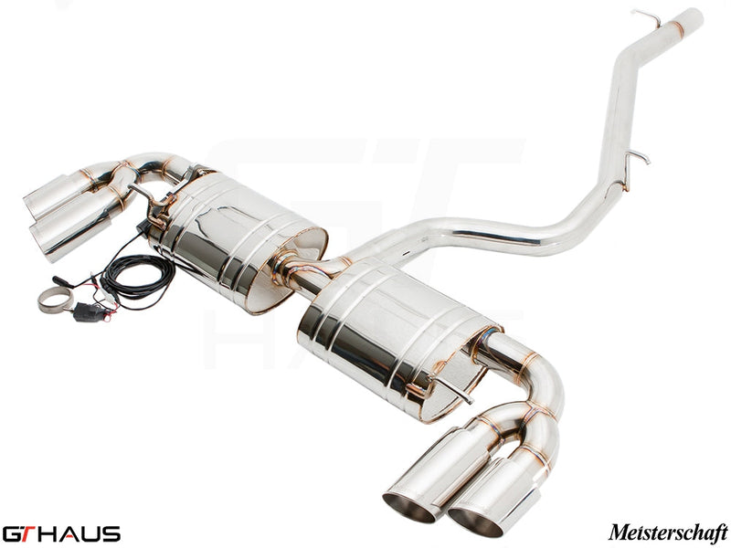 Premium exhaust system for Audi TT MK II 2.0T Quattro (TTS) featuring polished stainless steel and electronic valve control.