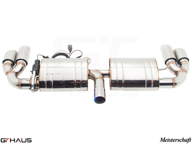 Premium Meisterschaft exhaust system for Audi TT MK II 2.0T Quattro, featuring polished stainless steel and electronic valve control.