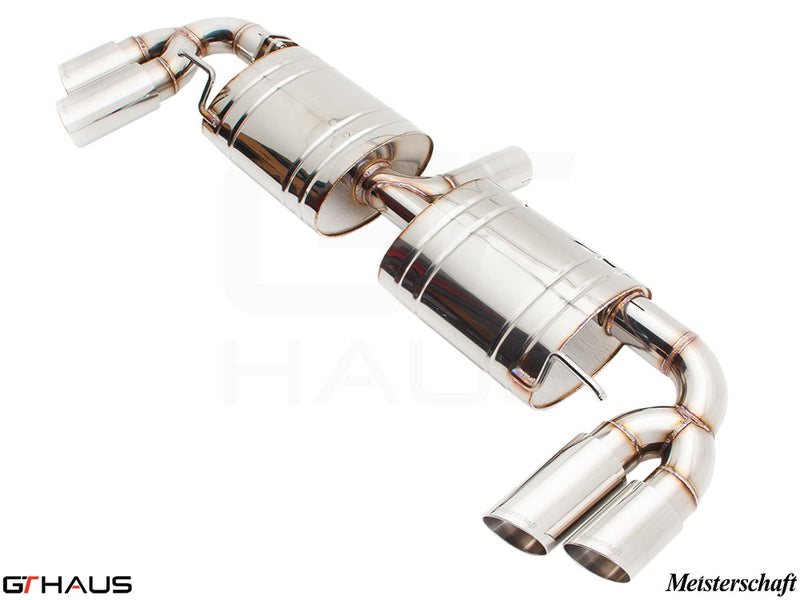 Premium performance exhaust system for Audi TT MK II 2.0T Quattro, featuring polished stainless steel construction and dual tips.