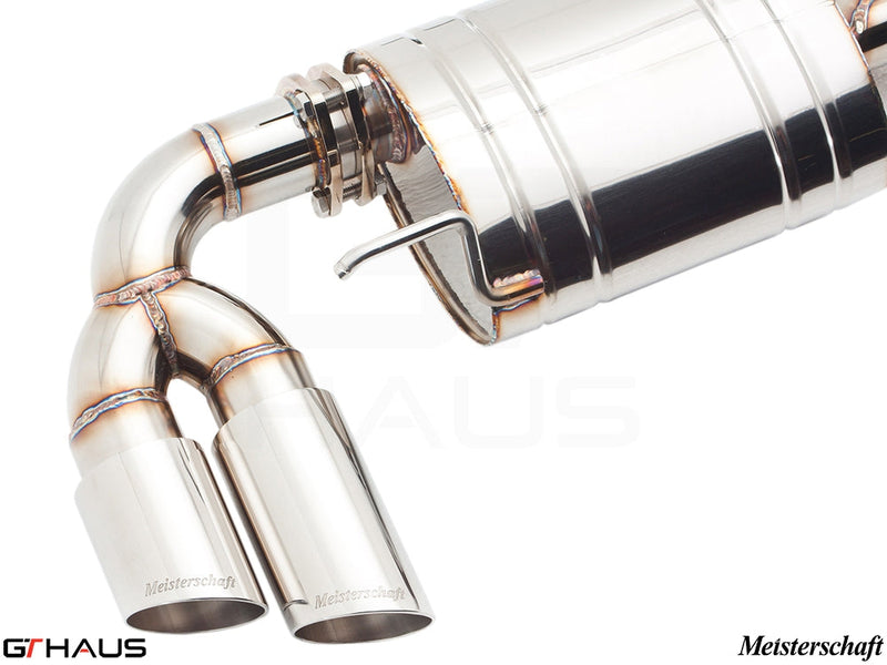 Premium Meisterschaft exhaust system for Audi TT MK II 2.0T Quattro, featuring polished stainless steel and dual tips.