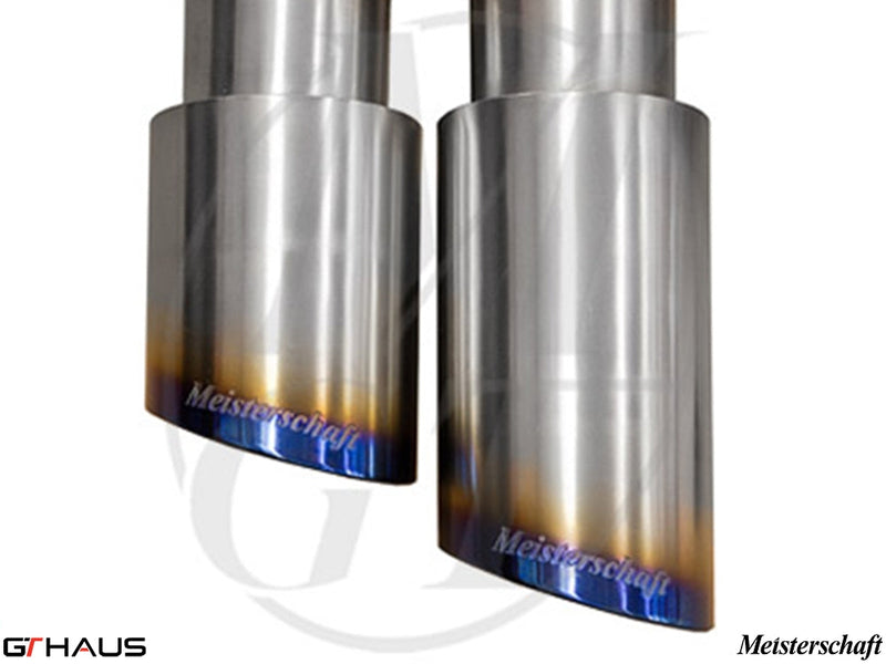 Premium stainless steel exhaust tips for Audi TT MK II 2.0T Quattro, featuring Meisterschaft branding and a polished finish.