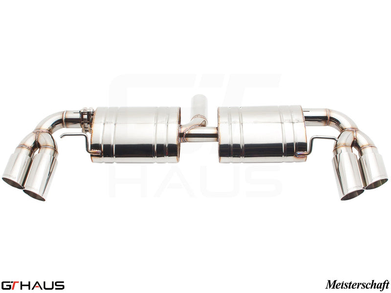Premium exhaust system for Audi TT MK II 2.0T Quattro, featuring polished stainless steel and dual tips for enhanced performance.