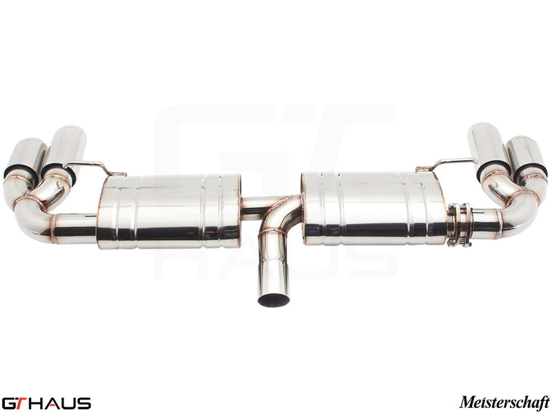 Premium exhaust system for Audi TT MK II 3.2L Quattro V6, featuring polished stainless steel construction and dual tips.