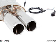 Premium exhaust system for BMW E30 M3 2.3L I-4, featuring dual polished tips and electronic valve control.