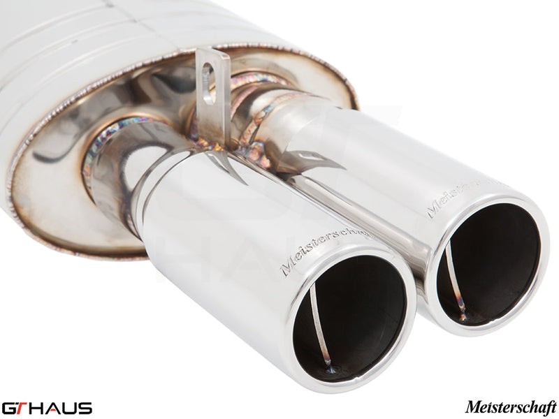 Premium Meisterschaft exhaust system for BMW E30 M3 2.3L, featuring polished dual tips and stainless steel construction.