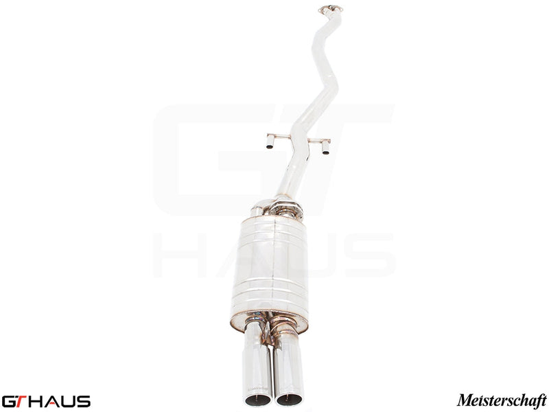 Premium exhaust system for BMW E30 M3 2.3L I-4, featuring stainless steel construction and dual tips.