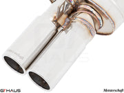 Premium stainless steel exhaust tips for BMW E30 M3 2.3L, showcasing Meisterschaft craftsmanship and performance.