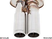 Premium Meisterschaft exhaust tips for BMW E30 M3 2.3L I-4, showcasing polished stainless steel finish and craftsmanship.