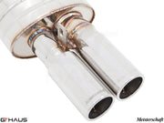 Premium Meisterschaft exhaust for BMW E30 M3, featuring dual polished tips and high-quality stainless steel construction.