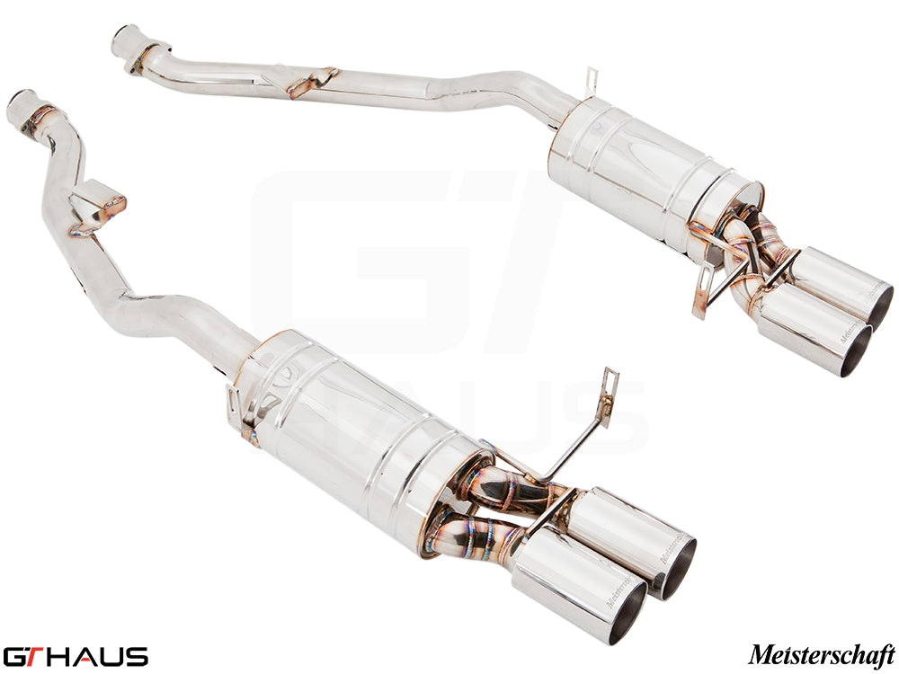 Premium Meisterschaft exhaust system for BMW E36/7, E36/8 Z3M, featuring polished stainless steel and dual tips.
