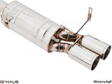Premium Meisterschaft exhaust system for BMW E36/7, E36/8 Z3M S54, featuring polished stainless steel and dual tips.