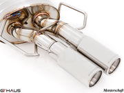 Premium Meisterschaft exhaust system for BMW E36 M3, featuring dual polished tips and high-quality stainless steel construction.