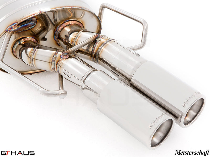 Premium Meisterschaft exhaust system for BMW E36 M3, featuring dual polished tips and high-quality stainless steel construction.