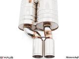 Premium Meisterschaft exhaust system for BMW E39 540i V8, featuring polished stainless steel construction and dual tips.
