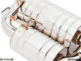 Premium stainless steel exhaust system for BMW E39 540i V8, showcasing Meisterschaft craftsmanship and design.