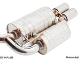 Premium Meisterschaft exhaust system for BMW E39 540i V8, featuring polished stainless steel construction and dual tips.