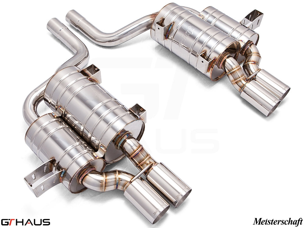 Premium Meisterschaft exhaust system for BMW E39 M5 V8 Sport Sedan, featuring polished stainless steel construction.