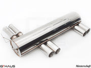 Premium stainless steel exhaust system for BMW E46 M3 3.2L, featuring quad tips and Meisterschaft branding.