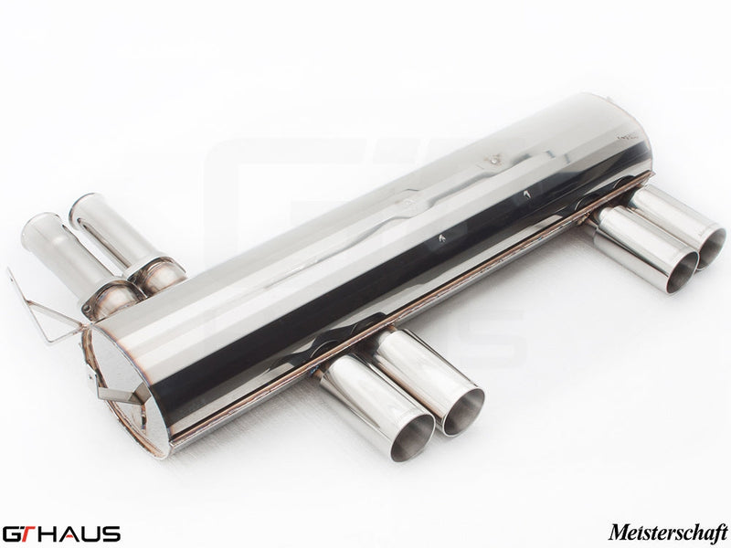 Premium stainless steel exhaust system for BMW E46 M3 3.2L, featuring quad tips and Meisterschaft branding.