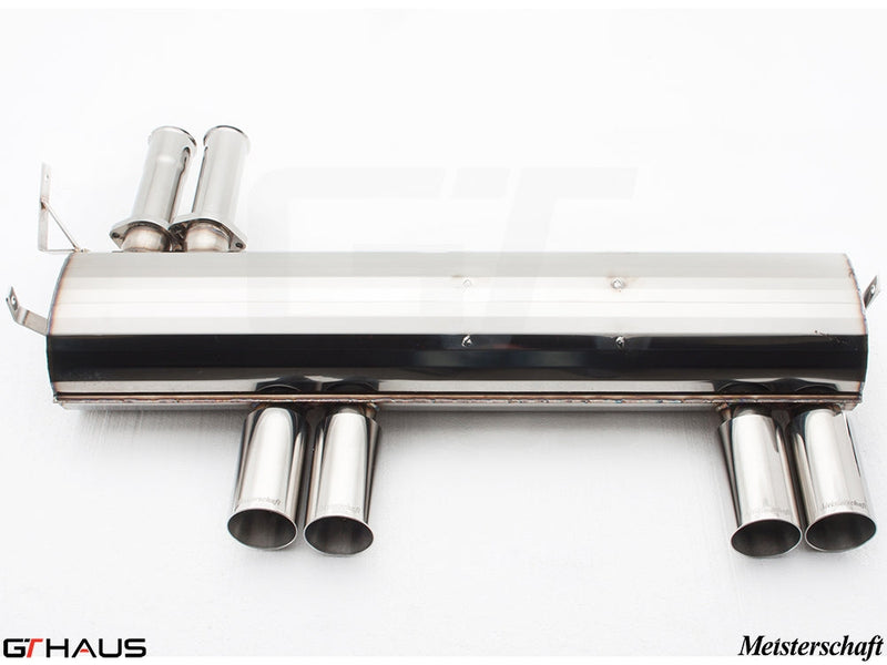 Premium exhaust system for BMW E46 M3 3.2L featuring polished stainless steel and quad tips for enhanced performance.