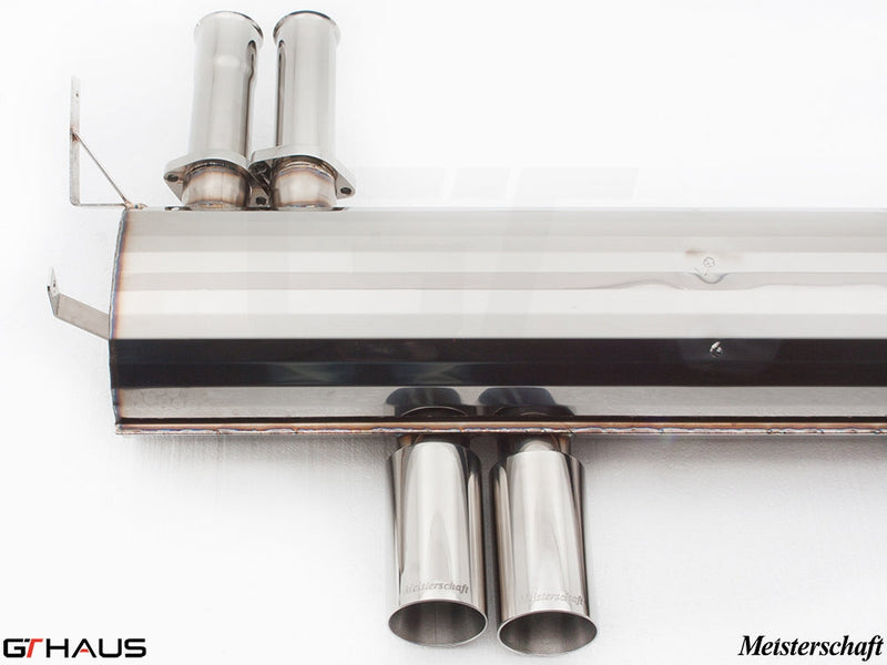 Premium exhaust system for BMW E46 M3 3.2L featuring polished stainless steel tips and dual outlet design.