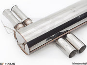 Premium Meisterschaft exhaust system for BMW E46 M3 3.2L, featuring polished stainless steel and dual tips.