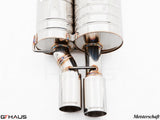 Premium Meisterschaft exhaust system for BMW E60/61 5 Series, featuring polished stainless steel and dual tips.