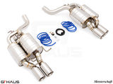Premium Meisterschaft exhaust system for BMW E60 M5 Sedan V10, featuring polished stainless steel construction and dual tips.