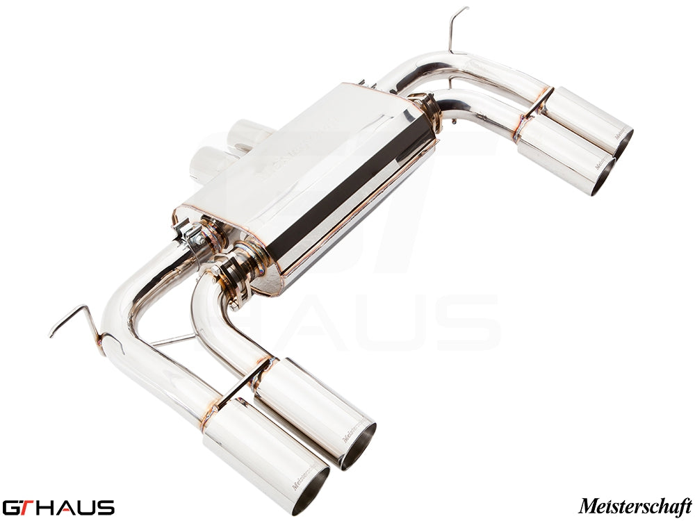Premium Meisterschaft exhaust system for BMW E70 X5M, featuring polished stainless steel and quad tips for enhanced performance.