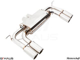 Premium Meisterschaft exhaust system for BMW E70 X5M, featuring polished stainless steel and quad tips for enhanced performance.